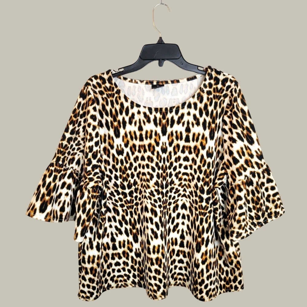 Worthington Blouse Leopard Print Bell Sleeve Plus Size 1X Boho Chic Animal Brown